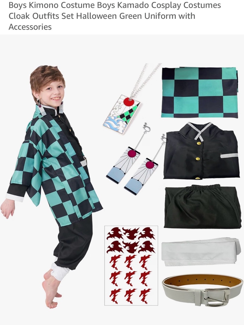 Kids Green and Black Checkered Kimono Cosplay Costume Set with Accessories